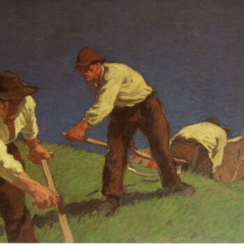 Painting titled "The mountain reapers" by Albin Egger-Lienz, Original Artwork, Oil