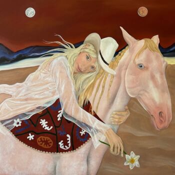 Painting titled "Dos Lunas. Blonde a…" by Albina Ayhan, Original Artwork, Oil Mounted on Wood Stretcher frame