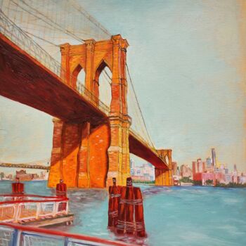 Painting titled "Brooklyn Bridge" by Albina Urbanek, Original Artwork, Oil Mounted on Wood Stretcher frame