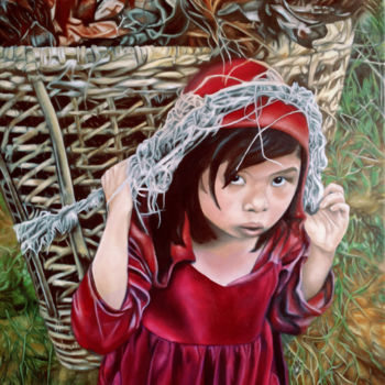 Painting titled "bambina con cesto" by Ale Aleart, Original Artwork, Oil