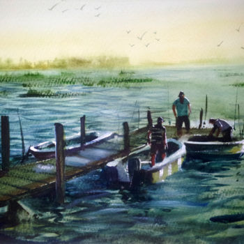 Pittura intitolato "pesca-en-laguna-cha…" da Alejandro Fidelio, Opera d'arte originale, Acquarello