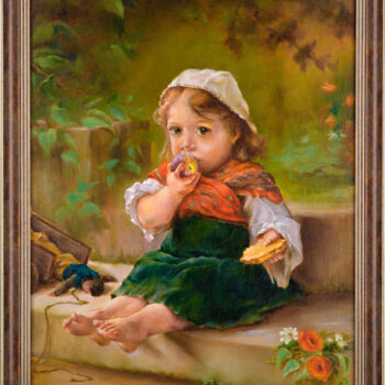 Peinture intitulée "Девочка с персиком" par Aleks Bondar, Œuvre d'art originale, Huile