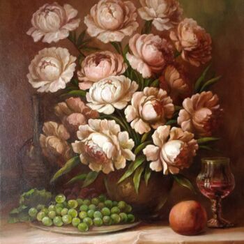Painting titled "White peonies and r…" by Aleksa Assembler, Original Artwork, Oil