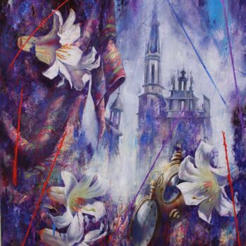 Malarstwo zatytułowany „Мир белых лилий: Ск…” autorstwa Dobrodiy Alexandr, Oryginalna praca, Olej Zamontowany na Drewniana r…