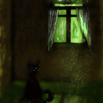 「Кот, окно и вечер」というタイトルのデジタルアーツ Александр Коровинによって, オリジナルのアートワーク, AI生成画像