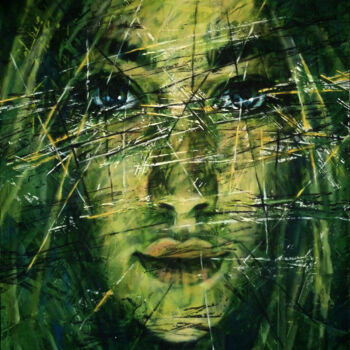 Schilderij getiteld "GREEN-PORTRAIT" door Aleksandr Ilichev, Origineel Kunstwerk, Acryl