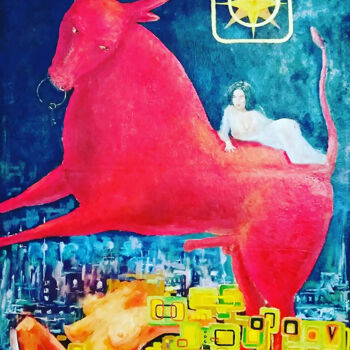 Картина под названием "красная корова счас…" - Александр Плахотский, Подлинное произведение искусства, Масло