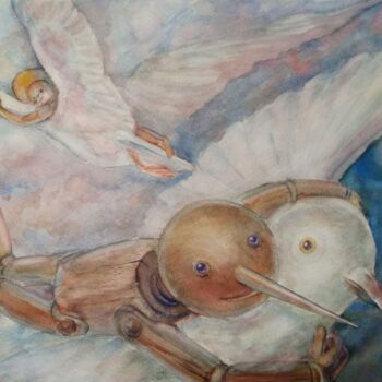 Картина под названием "Pinocchio meeting w…" - Aleksandr Tkachenko, Подлинное произведение искусства, Акварель
