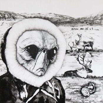 Schilderij getiteld "Voyager.Tundra" door Aleksandra Voronovskaia (Vorona), Origineel Kunstwerk, Inkt Gemonteerd op Frame vo…