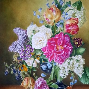 Peinture intitulée "Сирень пионы и розы." par Aleksandr Kashliavik, Œuvre d'art originale, Aquarelle