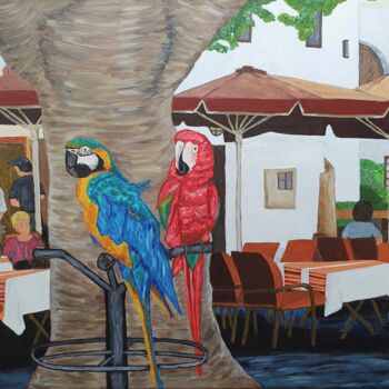 Malarstwo zatytułowany „Zwei wartende Papag…” autorstwa Alena Drisner, Oryginalna praca, Akryl