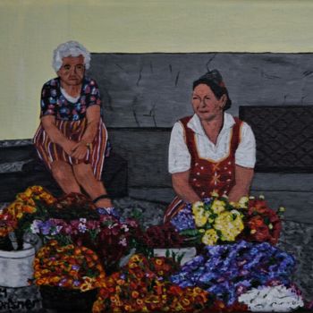 Schilderij getiteld "Blumenverkauf in de…" door Alena Drisner, Origineel Kunstwerk, Acryl