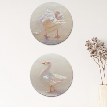 Картина под названием "Geese, two painting" - Alena Post, Подлинное произведение искусства, Масло Установлен на картон