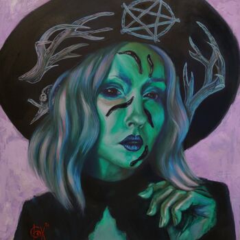 Painting titled "Green Witch" by Alena Ptsjolko (Fox), Original Artwork, Oil Mounted on Wood Stretcher frame