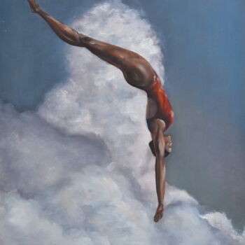 Painting titled "Flight in the clouds" by Alena Sakalova, Original Artwork, Oil Mounted on Wood Stretcher frame