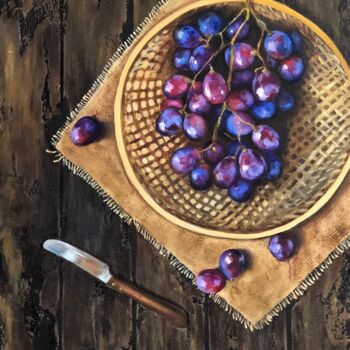 Painting titled "Grapes" by Alyona Voronenko, Original Artwork, Oil Mounted on Wood Stretcher frame