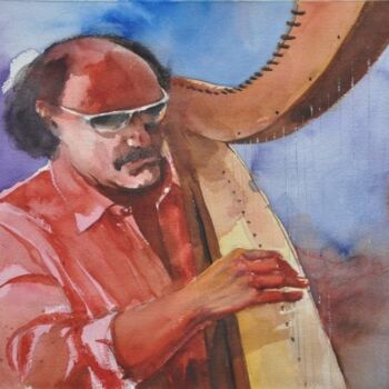 Painting titled "The harp player" by Alessandro Andreuccetti, Original Artwork, Watercolor