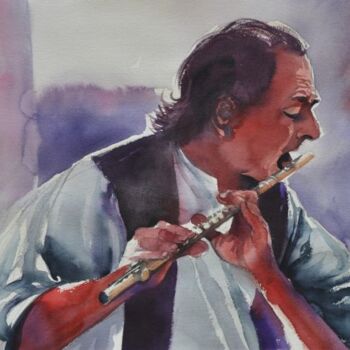 Malarstwo zatytułowany „The flute player” autorstwa Alessandro Andreuccetti, Oryginalna praca, Akwarela