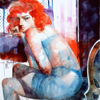 Peinture intitulée "Ragazza seduta alla…" par Alessandro Andreuccetti, Œuvre d'art originale, Aquarelle