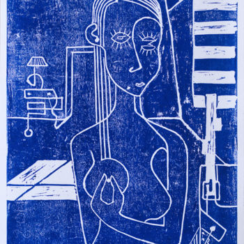 Gravures & estampes intitulée "Valentine bleu" par Alessandro Flavio Bruno, Œuvre d'art originale, Linogravures