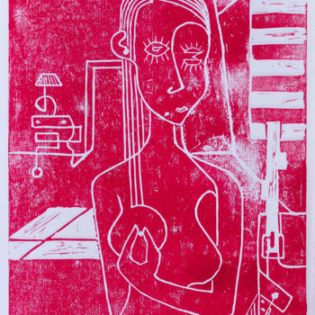 Prenten & gravures getiteld "Valentine rouge" door Alessandro Flavio Bruno, Origineel Kunstwerk, Linosnede