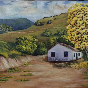 Painting titled "Casa com Ipê amarelo" by Alex Carvalho, Original Artwork, Acrylic Mounted on Wood Panel
