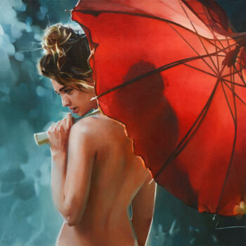 Painting titled ""Red umbrella"" by Alex Chernigin, Original Artwork, Oil Mounted on Wood Stretcher frame