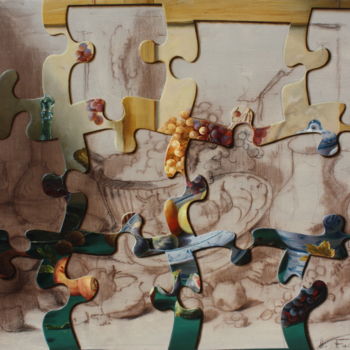 Painting titled "Puzzle N 5" by Alexandre Fadeev, Original Artwork, Oil Mounted on Wood Stretcher frame