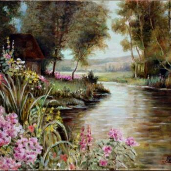 Painting titled "Pond in flowers." by Alex Gebel, Original Artwork, Other
