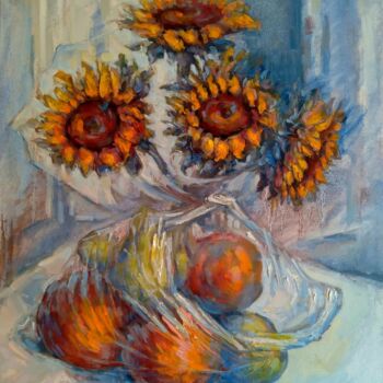 Painting titled "Sunflowers and frui…" by Alex Klas, Original Artwork, Oil Mounted on Wood Stretcher frame
