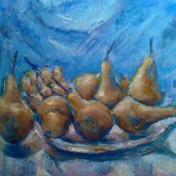 Painting titled "Yellow on Blue" by Alex Klas, Original Artwork, Oil Mounted on Wood Stretcher frame