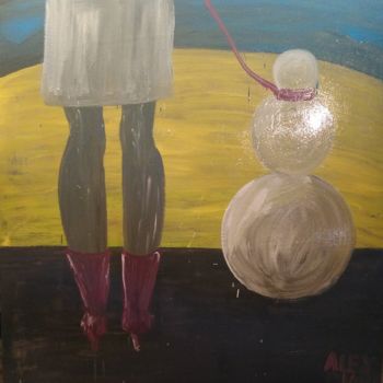 Painting titled "lady with a snowman…" by Alex Rudyk, Original Artwork, Oil