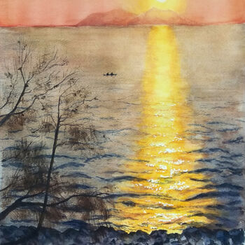 Pintura titulada "Sunset. Sazan islan…" por Alex Vainova, Obra de arte original, Acuarela