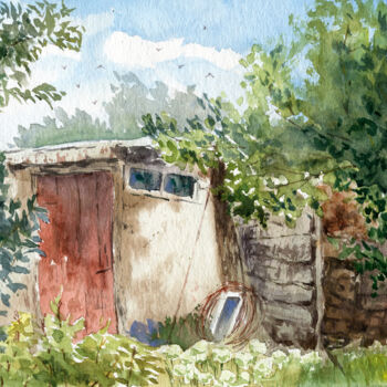 Painting titled "Old barn in the cou…" by Alex Vainova, Original Artwork, Watercolor