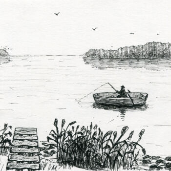 Drawing titled "fisherman on the la…" by Alex Vainova, Original Artwork, Ink