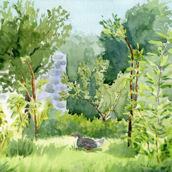 Painting titled "goose in the garden" by Alex Vainova, Original Artwork, Watercolor