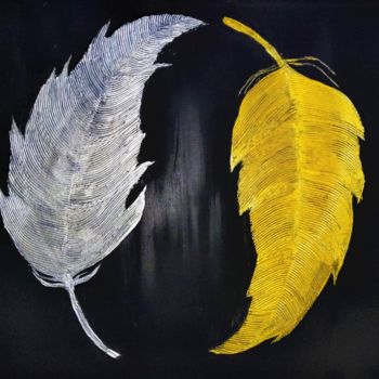 「Yin Yang Feathers」というタイトルの絵画 Alexandra Astafyevaによって, オリジナルのアートワーク, アクリル ウッドストレッチャーフレームにマウント