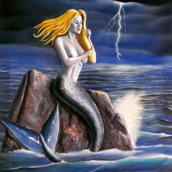 Painting titled "la sirena peinándose" by Alexander Arias, Original Artwork, Oil