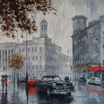 Malerei mit dem Titel "Rain. The street. O…" von Aleksandr Bolotov, Original-Kunstwerk, Öl