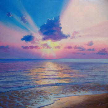 Painting titled "Dawn in lilac tones" by Aleksandr Bolotov, Original Artwork, Oil