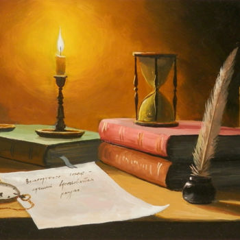 Painting titled "Candle and Books" by Aleksandr Bolotov, Original Artwork, Oil