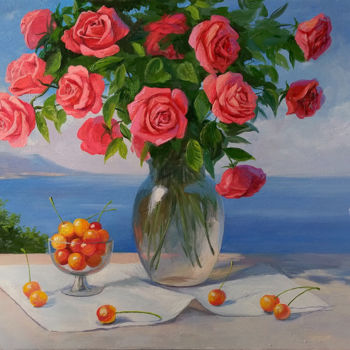 Painting titled "Roses and Cherries" by Aleksandr Bolotov, Original Artwork, Oil
