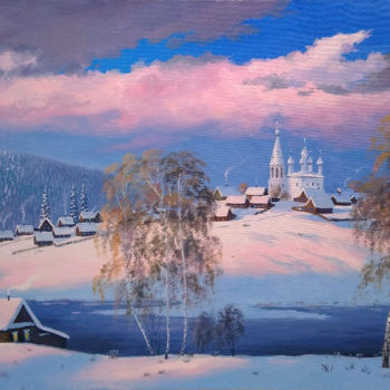 Malerei mit dem Titel "Ural village on a h…" von Aleksandr Bolotov, Original-Kunstwerk, Öl