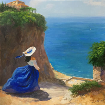 Painting titled "A Girl Over the Sea…" by Aleksandr Bolotov, Original Artwork, Oil