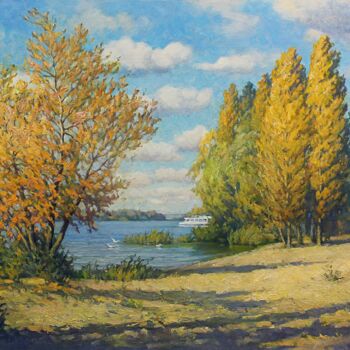 Peinture intitulée "Осенний Днепр. Пляж" par Aleksandr Kusenko, Œuvre d'art originale, Huile