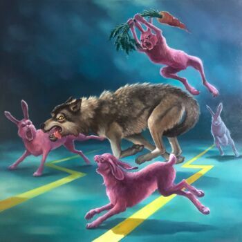 Pittura intitolato "Cute pink bunnies.…" da Aleksandr Mikhalchuk, Opera d'arte originale, Olio