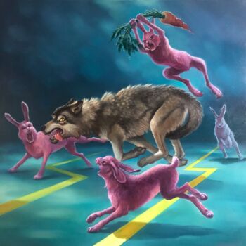 Schilderij getiteld "Cute pink bunnies.…" door Aleksandr Mikhalchuk, Origineel Kunstwerk, Olie