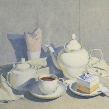 Картина под названием "Tea and cake" - Alexander Mukhin-Cheboksarsky, Подлинное произведение искусства, Акварель