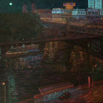 Painting titled "Night Quay" by Alexander Telin, Original Artwork, Oil