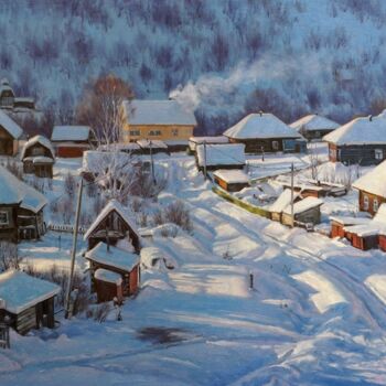 Malerei mit dem Titel "Winter Village in F…" von Alexander Volya, Original-Kunstwerk, Öl